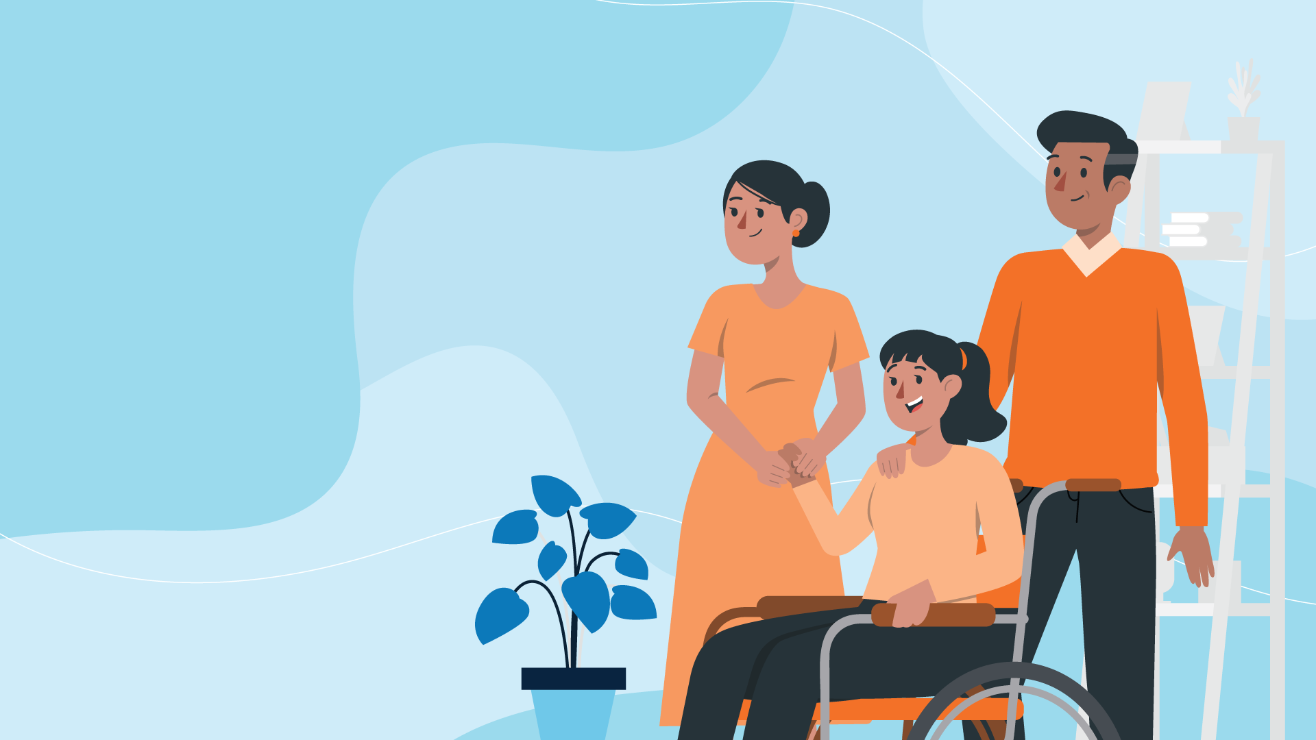 Child in a wheelchair holding hands with parents in a home setting with plant and bookshelf, smiling together.